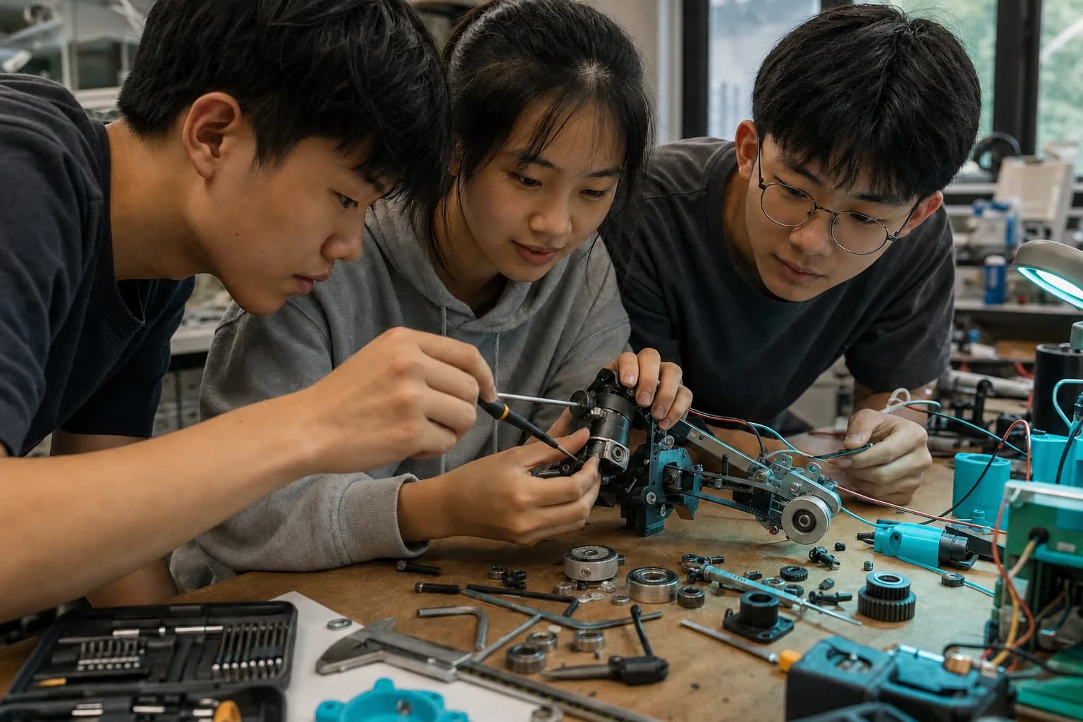 青少年协作组装机器人关节模组的场景示意